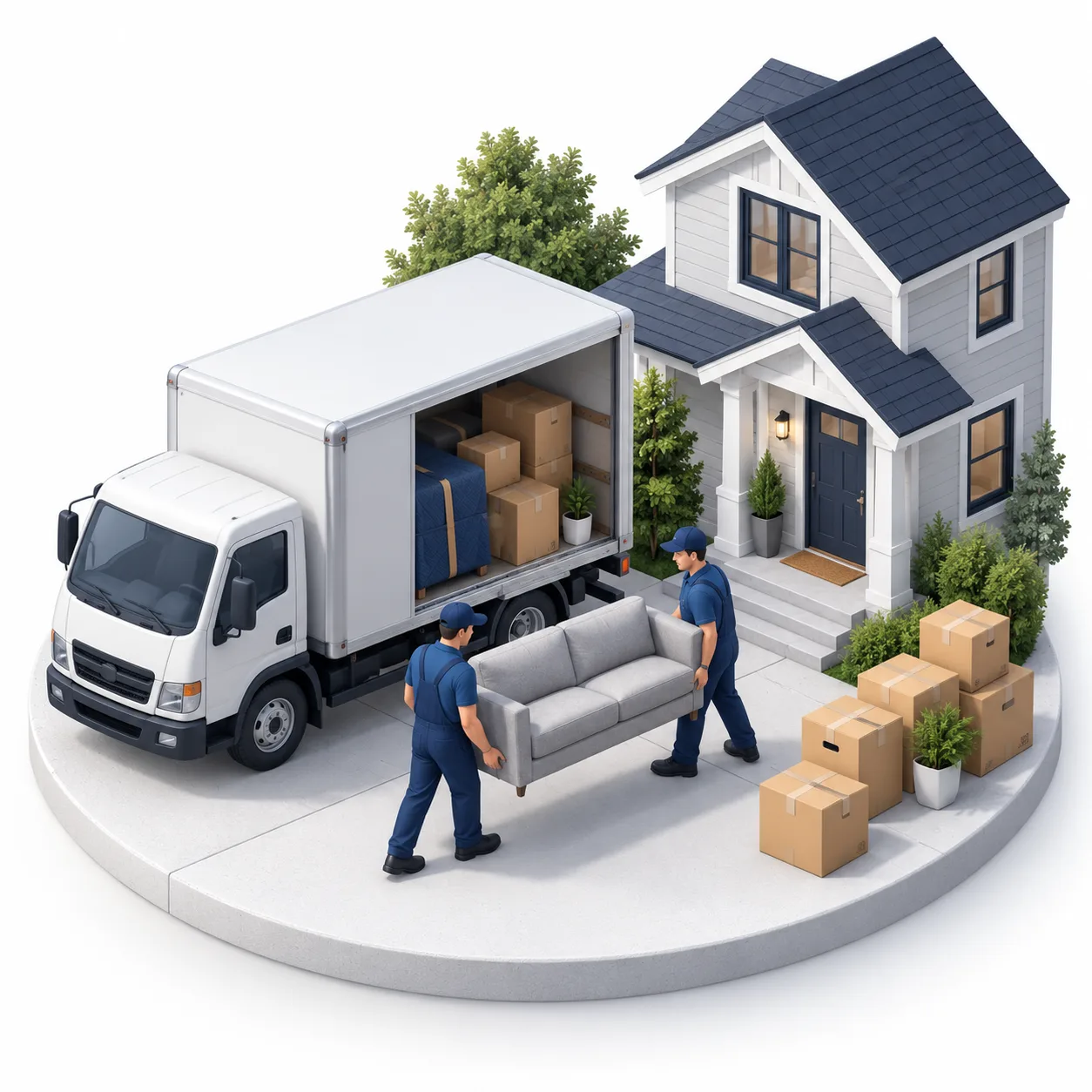 Local residential movers with moving truck and furniture