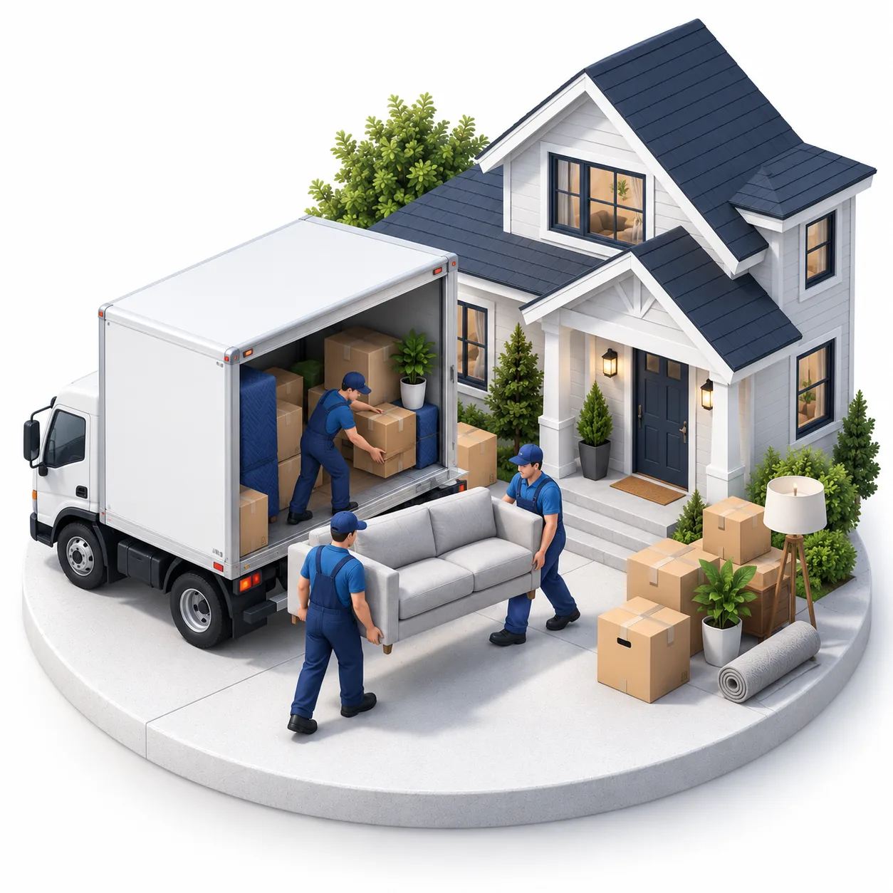 Residential moving crew loading furniture at a house
