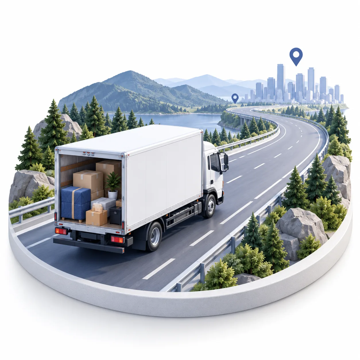 Long-distance moving truck traveling along a highway