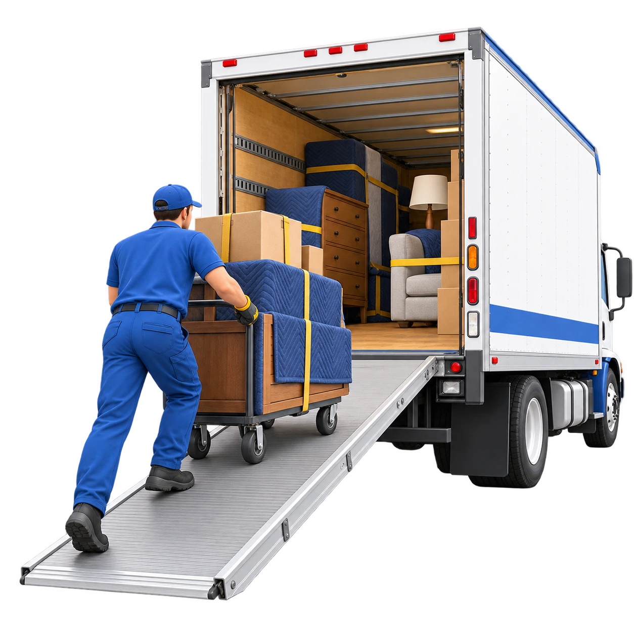 Long-distance moving truck traveling along a highway